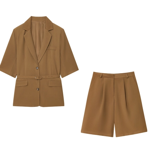 Blazer A Maniche Corte E Pantaloncini Da Donna Con Cintura Completo Casual Da Ufficio In Poliestere Tinta Unita