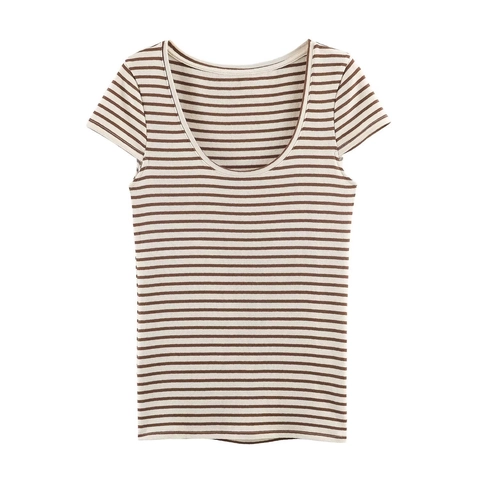 Damen Rippstrick T-Shirt Kurzarm Rundhals Braun Weiß Gestreift Slim Fit Lässiges Täglich Basic Oberteil