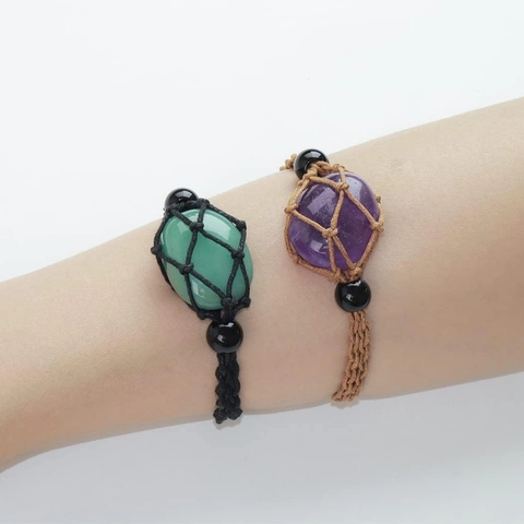 Natural Crystal Stone Holder Necklace Bracelet Hand Woven Adjustable Cord Net Pouch Pendant Bohe Jewelry Unisex