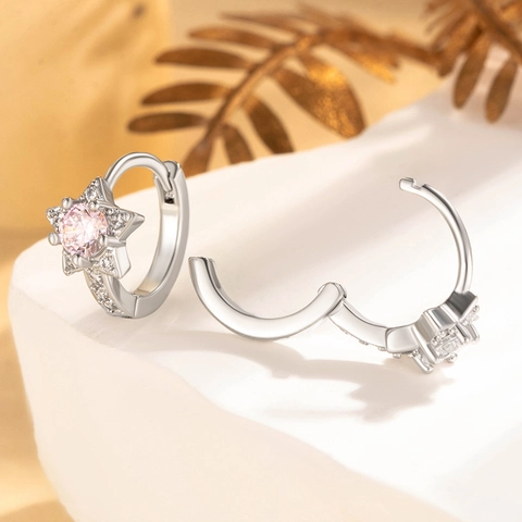 Star Hoop Earrings Copper Zircon Inlaid Dainty Minimalist Star-Shaped Jewelry Accessories For Women Trendy Silver Color