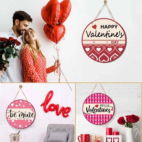 Valentine's Day Wooden Hanging Sign Round Heart Pattern Door Decoration With Jute Rope Pink Red Home Wall Ornament