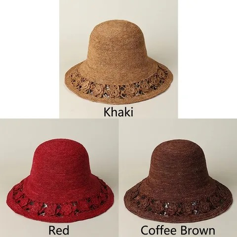 Handmade Raffia Straw Sun Hat For Women With Crochet Flower Hollow Edge Wide Brim Foldable Breathable Summer Beach Travel