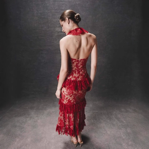 Robe En Dentelle Rouge Dos Nu Dos Nu Volants Coupe Slim Élégante Sexy Tenue De Soirée Pour Femmes