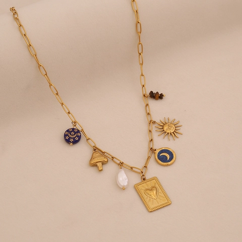 Collana Con Ciondoli Multipli In Acciaio Inossidabile Placcato Oro Sole Luna Fungo Cuore Smalto Perla Artificial Imitazione