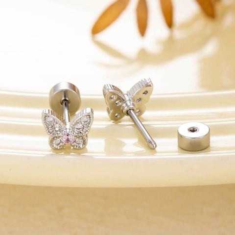 Butterfly Cartilage Stud Earrings With Titanium Steel Post Pink White Zircon Inlaid Copper Screw Back For Women