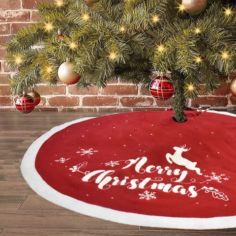 Gonna Per Albero Di Natale Maglia Acrilico Renna Fiocchi Di Neve Ricamo Rosso Bianco Bordo Peluche
