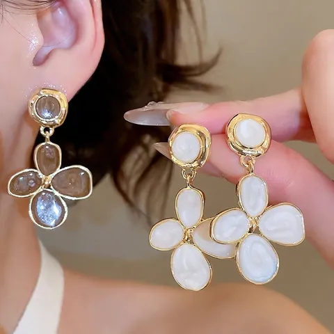 Vintage Flower Drop Earrings Alloy Enamel With 925 Sterling Silver Earring Post Irregular Petal Elegant For Women