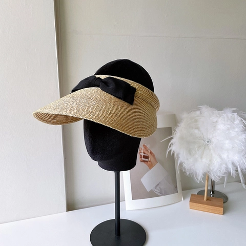 Women Wide Brim Visor Hat Natural Wheat Straw Bow Decor Sun Protection Beach Travel Japanese Style
