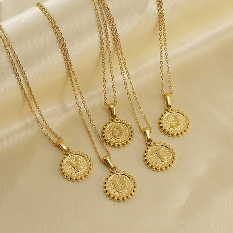 Collana Iniziale Retro Da Donna Pendente Moneta Acciaio Inossidabile Placcato Oro 18K Accessorio Gioielli Minimalista