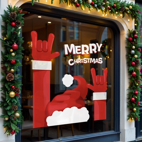 Christmas Window Stickers Static Cling PVC Reversible Merry Christmas Santa Hat Hand Gesture Shop Glass Holiday Decor