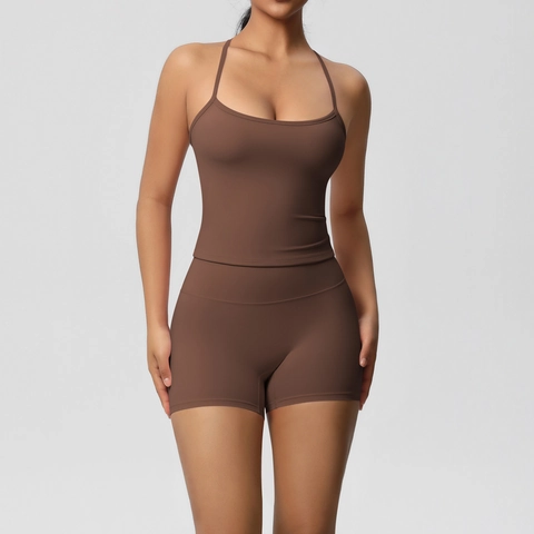 Women Spaghetti Strap Crisscross Back Camisole And High Waist Slim Fit Sports Shorts Nylon Spandex Brushed Yoga Apparel