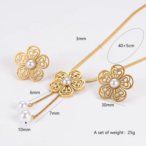 Collana E Orecchini In Acciaio Inossidabile Con Perla Artificial Fiore Traforato E Nappa Gioielli Di Moda Per Donna