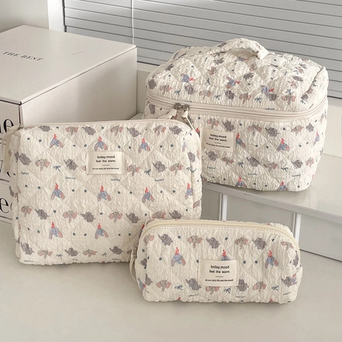 Borsa Cosmetica In Cotone Trapuntato Stampa Elefante Simpatico Organizzatore Trucco Viaggio Portatile Per Donne