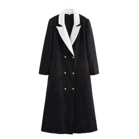Dames Lange Tweed Blazer Jas Contrastkleur Revers Double Breasted Elegante Bovenkleding Met Gouden Knopen