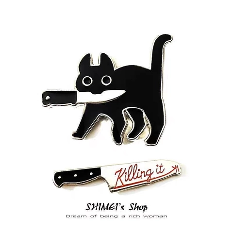 Broche en Alliage Émaillé Chat Noir Avec Couteau Texte Killing It Badge Créatif Bijoux de Dessin Animé Pour Décoration de Vêtements Sac