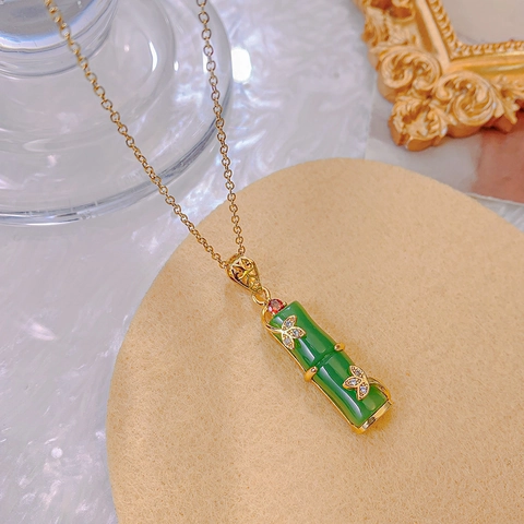 Gold Plated Stainless Steel Bamboo Joint Necklace For Women Faux Jade Red Zirconia Minimalist New Chinese Style Jewelry