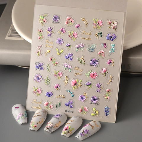 Embossed Relief Nail Art Stickers Gold Foil Floral Heart Self Adhesive DIY Manicure Decals Elegant Romantic Accessory
