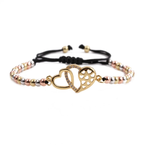 Double Heart Bracelet Copper Cubic Zirconia Adjustable Slider Chain Interlocking Hearts Jewelry For Women