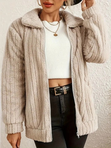 Dames Pluizig Fleecejack Gestreept Textuur Ritssluiting Lange Mouwen Revers Casual Herfst Winterjas