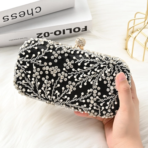 Handmade Beaded Evening Bag For Women Rhinestone Artificial Pearl Clutch Wedding Banquet Party Handbag With Detachable Chain Strap