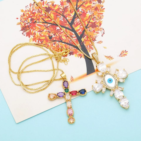 Moderna Collana Con Ciondolo A Croce In Rame E Zirconia Per Donna Placcata In Oro Occhio Del Diavolo Gioielli Con Pietre Colorate