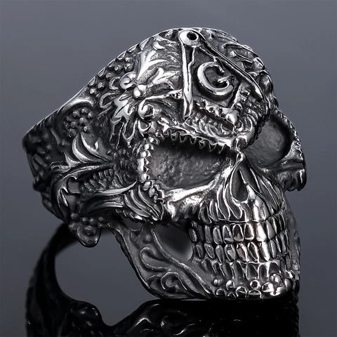Bague Crâne Punk Acier Inoxydable Maçonnique Boussole Carré G Chevalier Vintage Rétro Gothique Bijoux Pour Hommes
