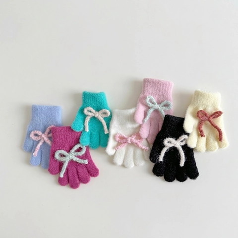Guantes De Punto Para Niños Cálidos Suaves Invierno Dedos Completos Lindo Lazo Decoración Moda Exterior Niñas Niños