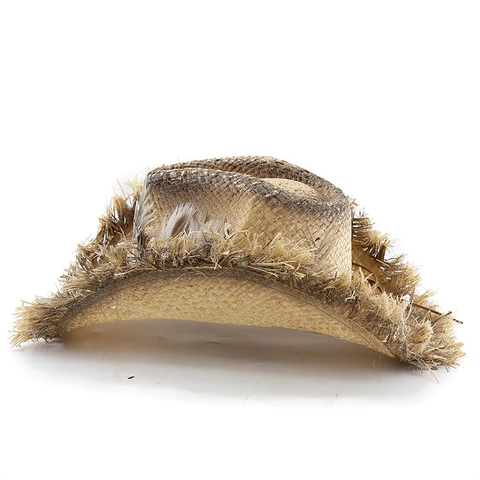 Cappello Cowboy Paglia Raffia Western Tesa Sfrangiata Piume Tesa Larga Protezione Solare Traspirante Spiaggia Festa Uomini Donne