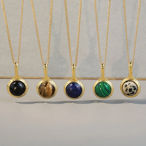 Collier Pendentif en Pierre Naturelle Vintage Français Chaîne en Cuivre Plaqué Or Oeil de Tigre Lapis Malachite Bijoux Femme