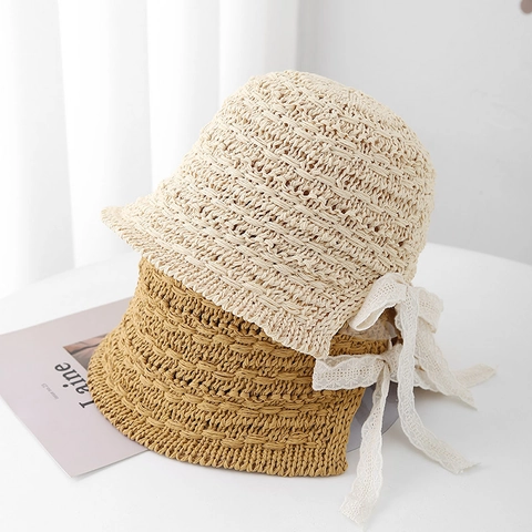 Damen Fischerhut Häkelstrick Stroh Sonnenschutz Spitze Schleife Atmungsaktiv Sommer Strand Elegant Faltbar Sonnenkappe