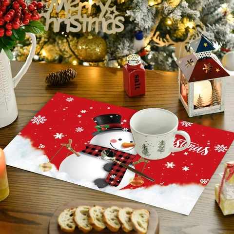Set De Table Bonhomme De Neige Noël Polyester Résistant À La Chaleur Anti-Tache Rouge Décor Table À Manger Style Festif