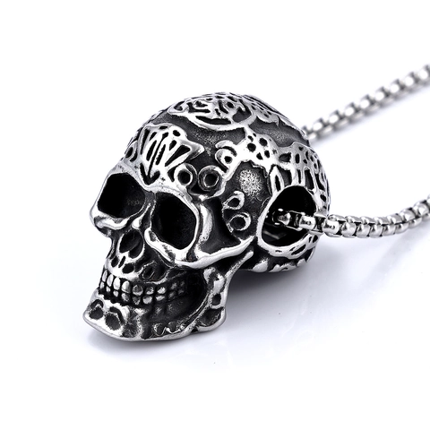 Retro Carved Skull Pendant Necklace Stainless Steel Gothic Punk Style For Men Hip Hop Jewelry