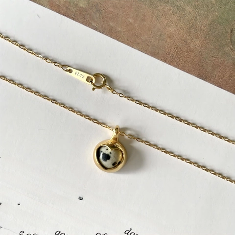 Collana Con Ciondolo A Cuore In Argento Sterling 925 Con Pietra Diaspro Dalmata Zebra Stile Coreano Minimalista Per Donna