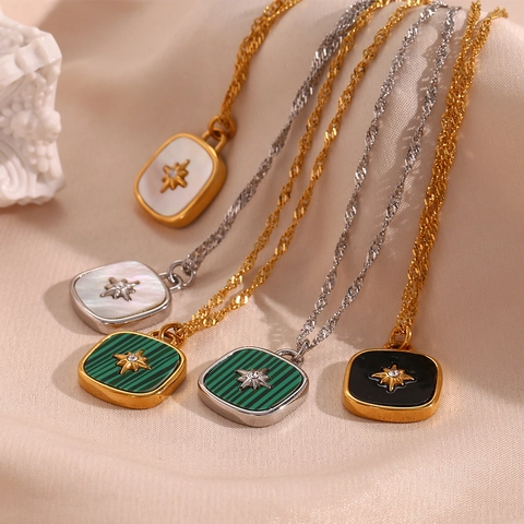 Collar De Acero Inoxidable Colgante Cuadrado Con Estrella De Ocho Puntas Concha Circón Joyería Minimalista Vintage Mujer