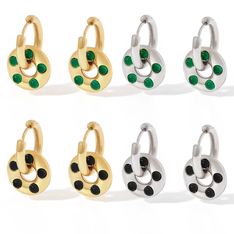 Stainless Steel Hoop Earrings With Donut Pendant Inlaid Colorful Glass Beads Retro Chunky Geometric Jewelry For Women