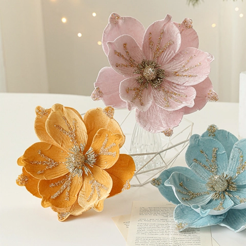 Velvet Artificial Christmas Flowers Flocked Glittered Magnolia Floral For Christmas Tree Decor Holiday Party Home Ornament