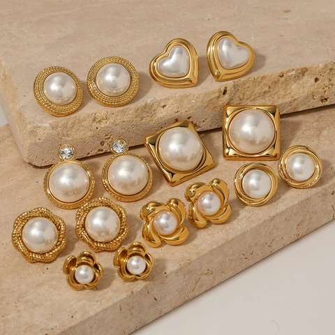 Vintage Stud Earrings With 316 Stainless Steel And Faux Artificial Pearl Flower Heart Geometric Designs For Women French Style