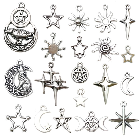 Antique Silver Alloy Charms Star Sun Moon Pentagram DIY Jewelry Making Accessories For Necklaces Bracelets Earrings Vintage
