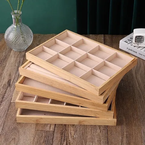 Bamboo Wood Jewelry Display Tray Organizer With Soft Velvet Lining For Ring Necklace Earring Storage