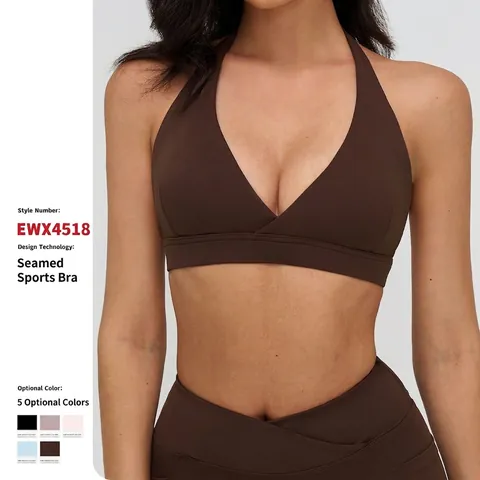 Women Halter Sports Bra Deep V Neck Backless Yoga Vest Naked Feel Nylon Spandex Padded Fitness Workout Top