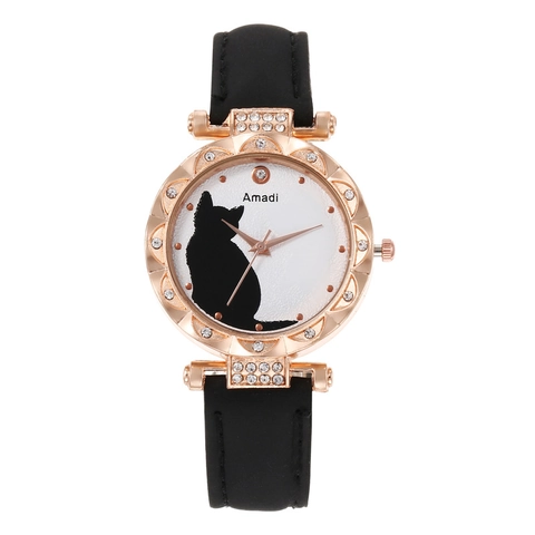 Dames Mode Quartz Horloge Schattige Kat Silhouet Wijzerplaat Strass Legering Kast Kunstleer Band Casual Polshorloge
