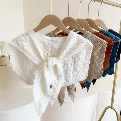Warm Women Winter Knit Shawl Scarf Hollow Out Design Polyester Tie Front Shoulder Wrap Soft Crochet Knitted Scarf For Office