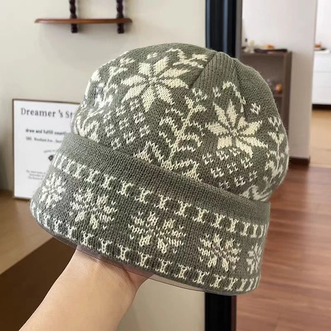 Knit Beanie Hat Wool Blend Warm Winter Snowflake Geometric Jacquard Pattern Outdoor Fashion For Men Women