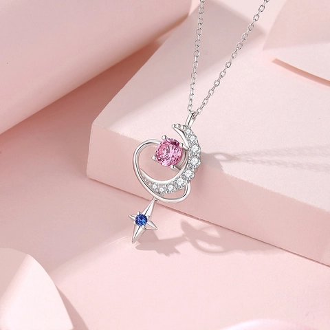 Träumerische Galaxie 925 Sterlingsilber Halskette Mit Rosa Zirkonia Herz Mond Stern Anhänger Romantischer Schmuck Für Damen Geschenk
