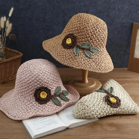 Women Straw Sun Hat Woven Crochet Flower Decoration Breathable Wide Brim Beach Summer Bucket Hat Vintage Style