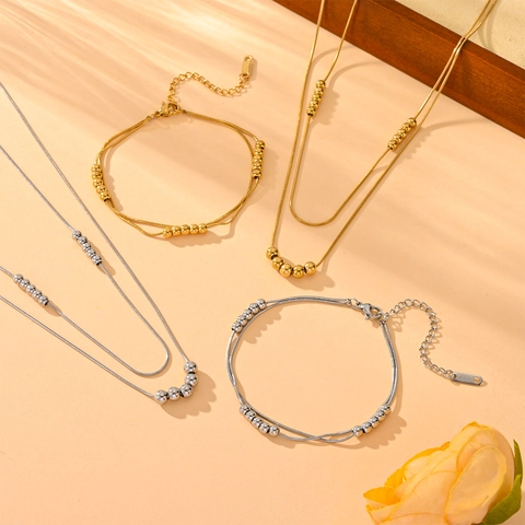 Double Layered Snake Chain Necklace And Bracelet With Stainless Steel Round Beads Minimalist Elegant Jewelry For Women