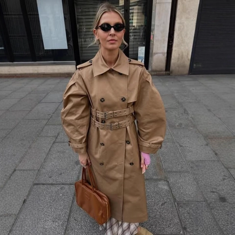 Women Classic Khaki Long Trench Coat Double Breasted Double Belts Lapel Lantern Sleeves Commuter Chic Polyester Overcoat