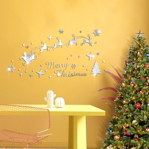 Pegatinas De Pared De Navidad Espejo Acrílico 3D Papá Noel Trineo Reno Copo De Nieve Estrella Decoración