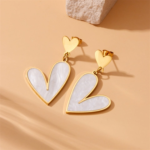Heart Double Dangle Earrings Gold Plated Stainless Steel White Shell Inlay With Stainless Steel Earring Post Retro For Women