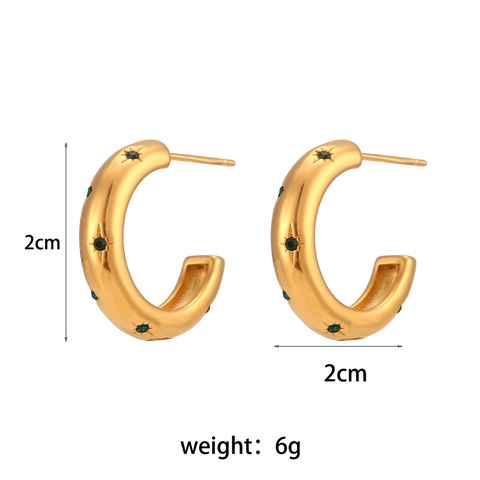 Stainless Steel Hoop Earrings Gold Plated Star Set Multi Color Zircon Geometric C Shape Women Fashion Jewelry